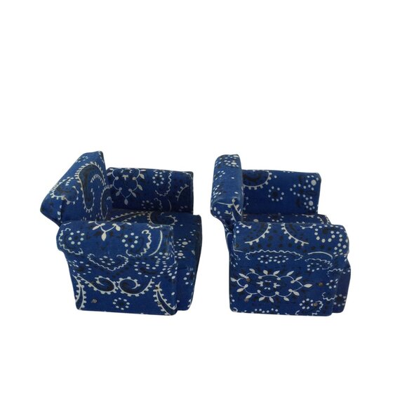 Miniature Dollhouse Blue Paisley Couch Arm Chair Set of 3 Wood Fabric Handmade - Picture 3 of 15